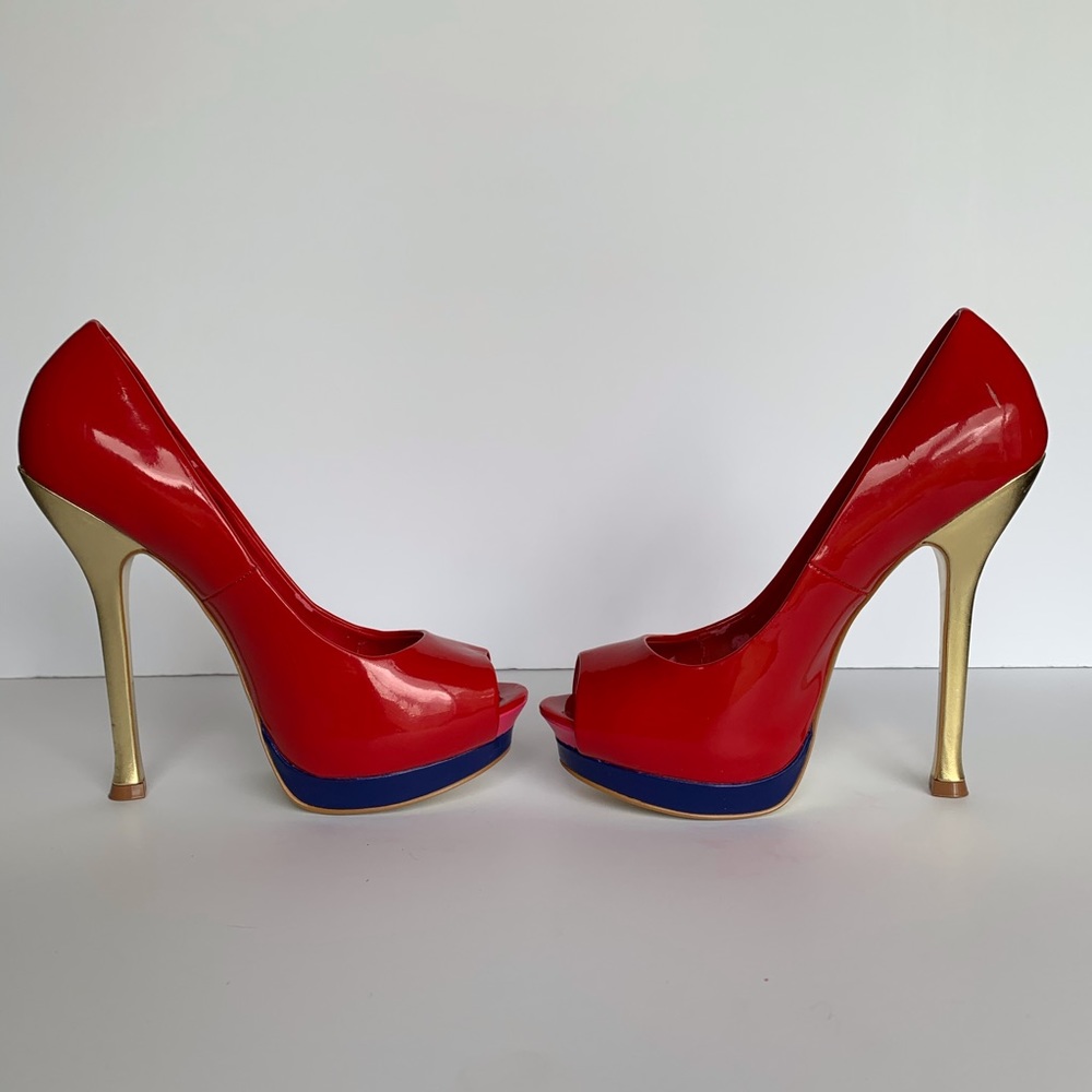 BeBe red blue and gold shoes